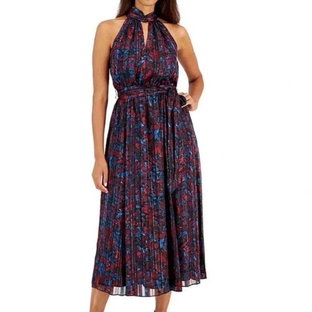 NEW Anne Klein Floral Twist Neck Keyhole Sleeveless Floral Midi Dress Size 16
